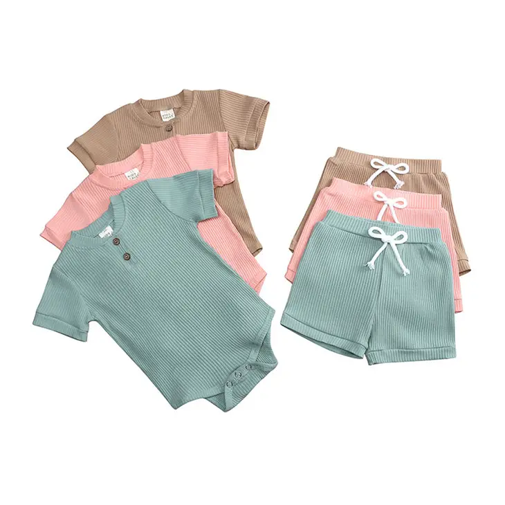 Заводская индивидуальная этикетка детский комплект одежды для новорожденных, оптовая продажа, летняя Высококачественная хлопковая короткая одежда в рубчик для девочек