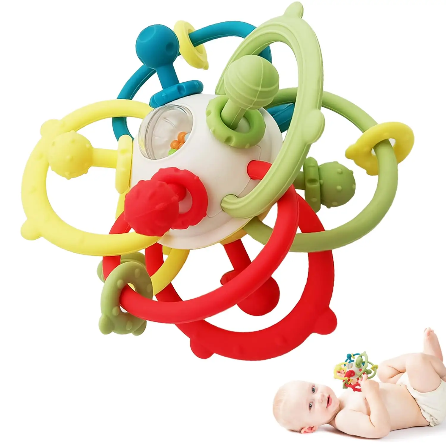 नवजात मोंटेसरी लर्निंग खिलौनों के लिए सॉफ्ट सिलिकॉन बेबी टीथिंग रैटल खिलौना, 0-12 महीने की लड़की लड़के के लिए पहला जन्मदिन का उपहार