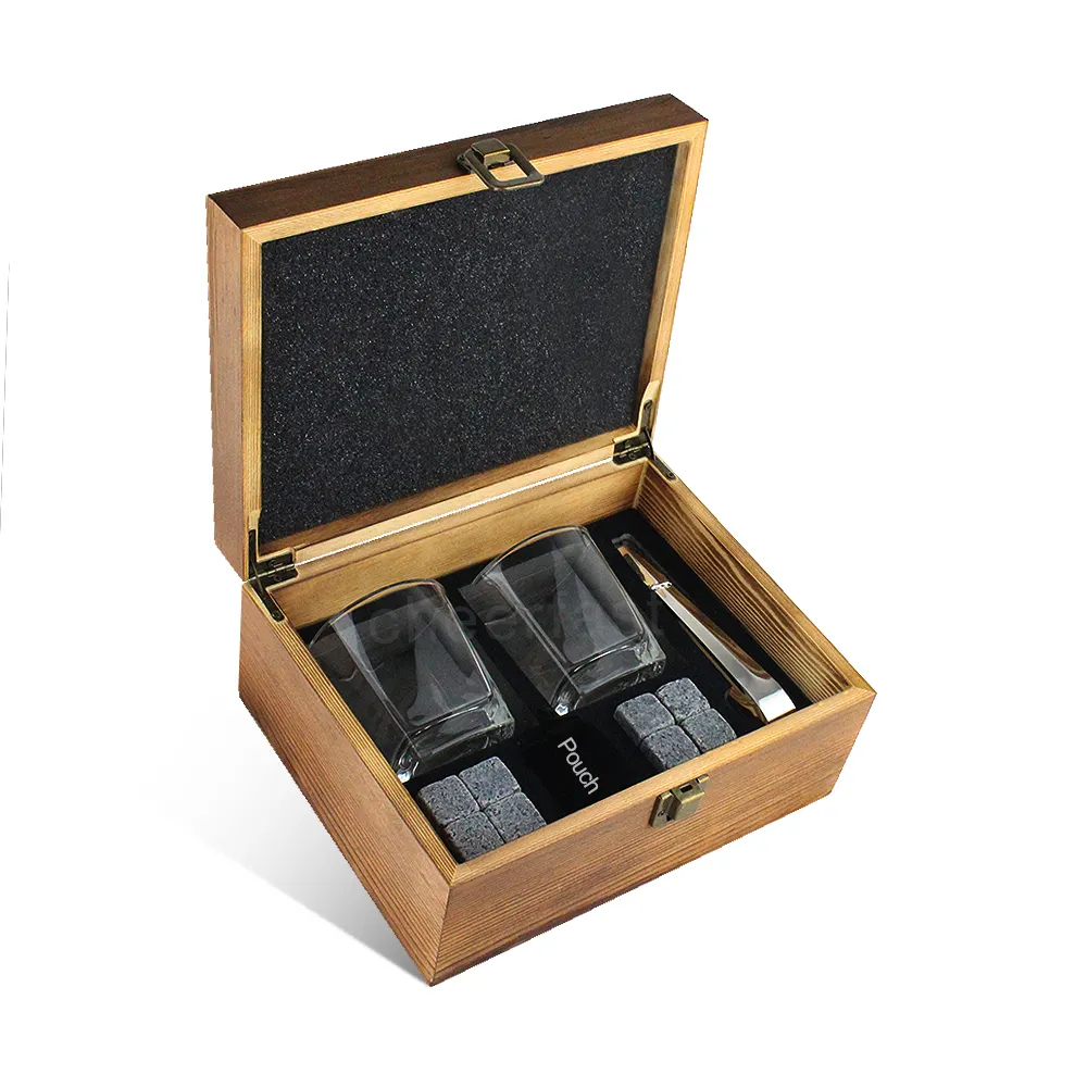 Cubo di ghiaccio di roccia di granito a buon mercato e riutilizzabile pietra di raffreddamento e whisky Set di vetro con scatola di legno e whisky pietre regalo Set