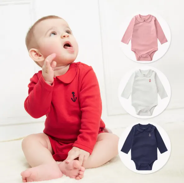 Bodywear de manga larga de algodón para bebé y niña, alta calidad, color puro, bordado