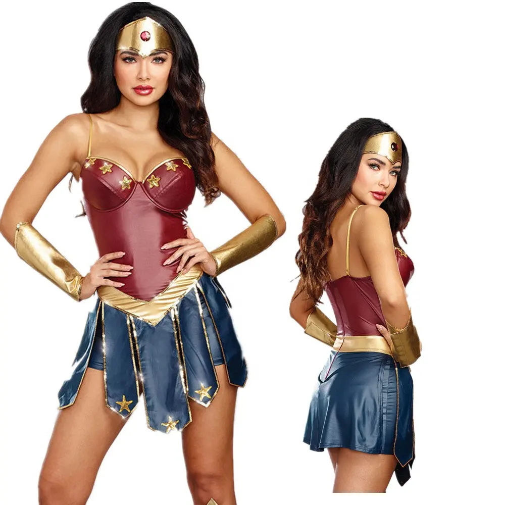 Vestidos de fiesta maquillaje Sexy Cosplay disfraz Halloween disfraces conjuntos mujeres Halloween disfraz superhéroe Wonder Woman adultos 2 conjuntos