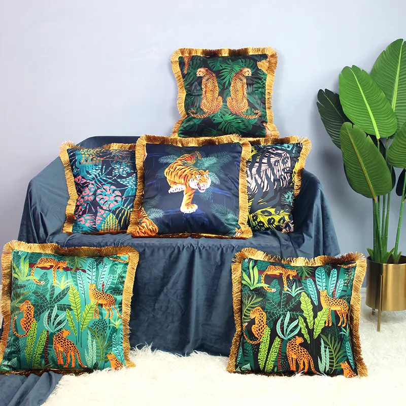 Molotu-funda de cojín de tela de seda imitación con borlas, series de jungla de leopardo, últimos diseños