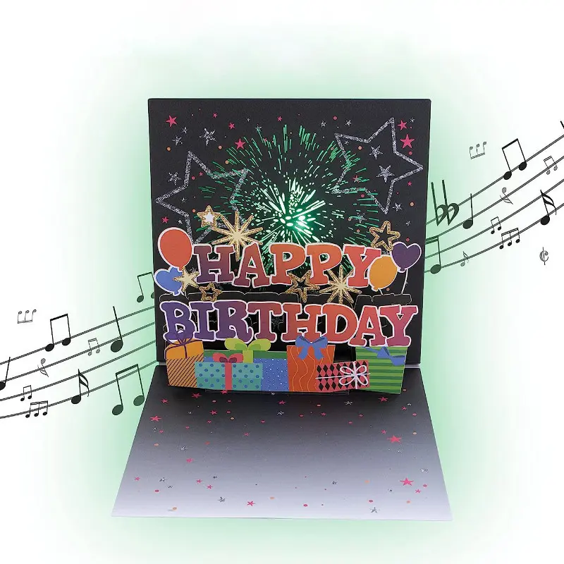 Cartolina d'auguri 3D con fiore di fuoco d'artificio Custom Audio musicale buon compleanno Pop Up biglietto d'auguri di compleanno con la luce