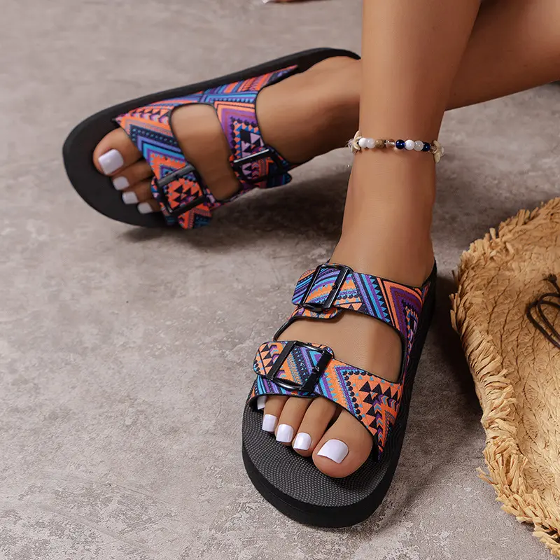 BUSY GIRL CY4352 women's sandals 2024 summer beach slippers casual shoes flats platform print two strap buckle women slippers