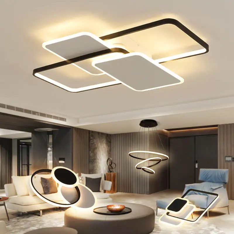 Lámpara de techo LED de geometría cuadrada negra/blanca, accesorio de iluminación simple para candelabro de cristal artístico para dormitorio