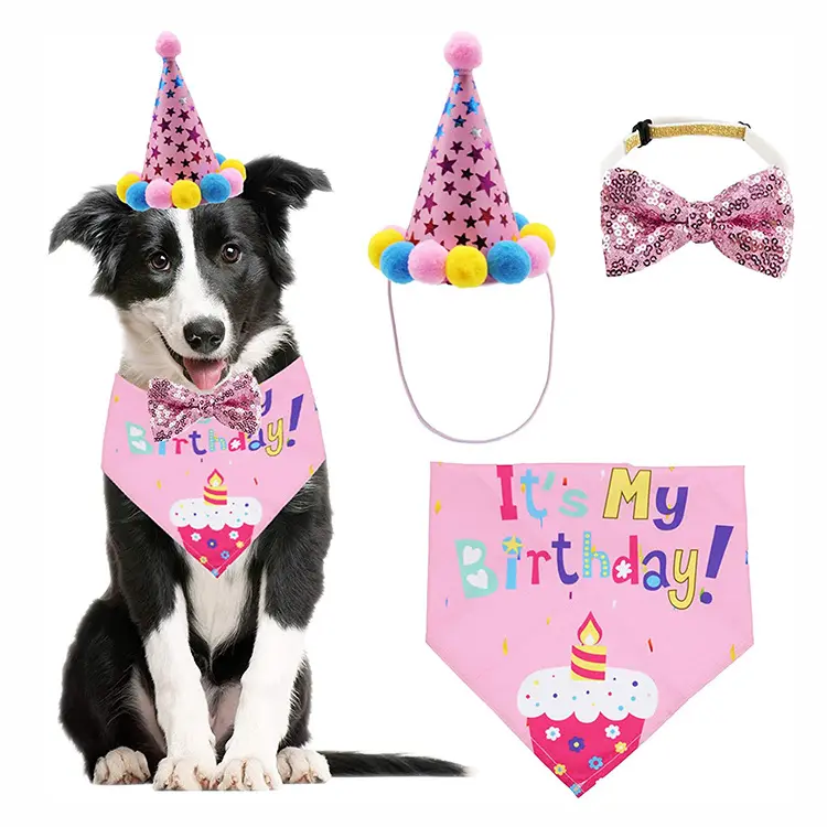 Dog Birthday Party Supplies Cat Party Hat Triangle Bandanas Decorations Pet Accessories Triangular Bandage Print Birthday Set