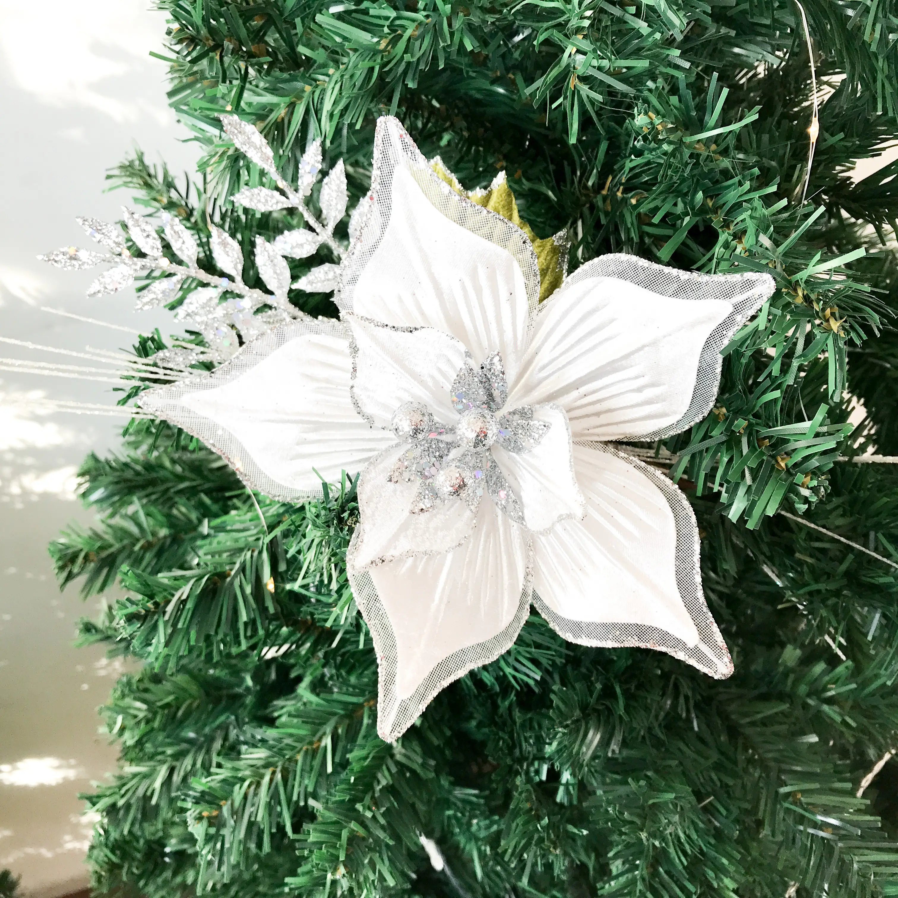 Malla de gasa apilada flor de Pascua artificial Navidad flor artificial decoración del árbol de Navidad