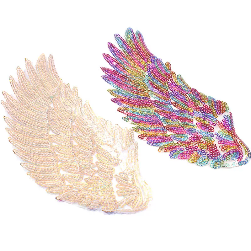 Wholesale chenille embroidered patch custom angel wings pattern embroidered sequin iron on patches for clothing