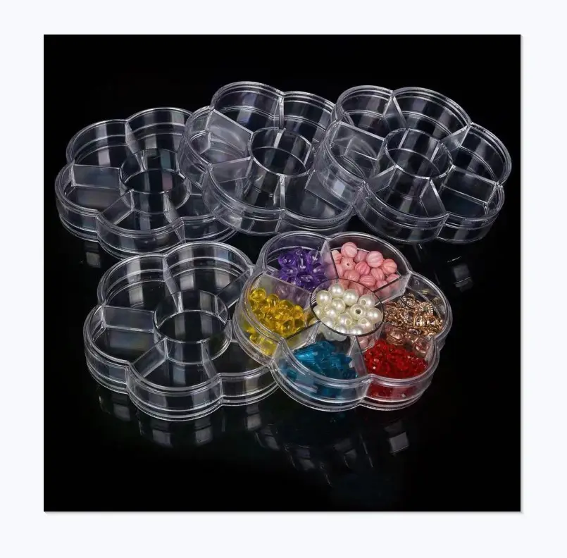 Caja de plástico para guardar joyas en forma de flor, almacenamiento transparente para Material de uñas de belleza