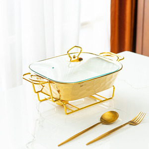 New <strong>Golden</strong> Stone Pattern Rectangular Ceramic Baking Pan Heating Dry Soup Pot <strong>Bake</strong> Ware - Product Image 2