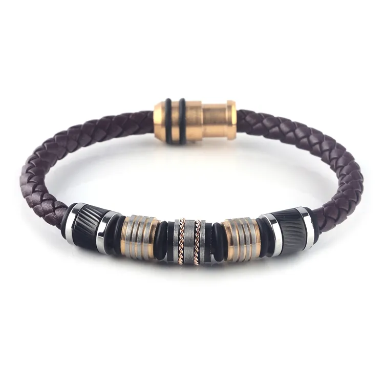 Pulsera de cuerda de cuero trenzado Retro para hombre, brazalete de acero inoxidable con cierre magnético, accesorios neutros, regalos de joyería hechos a mano