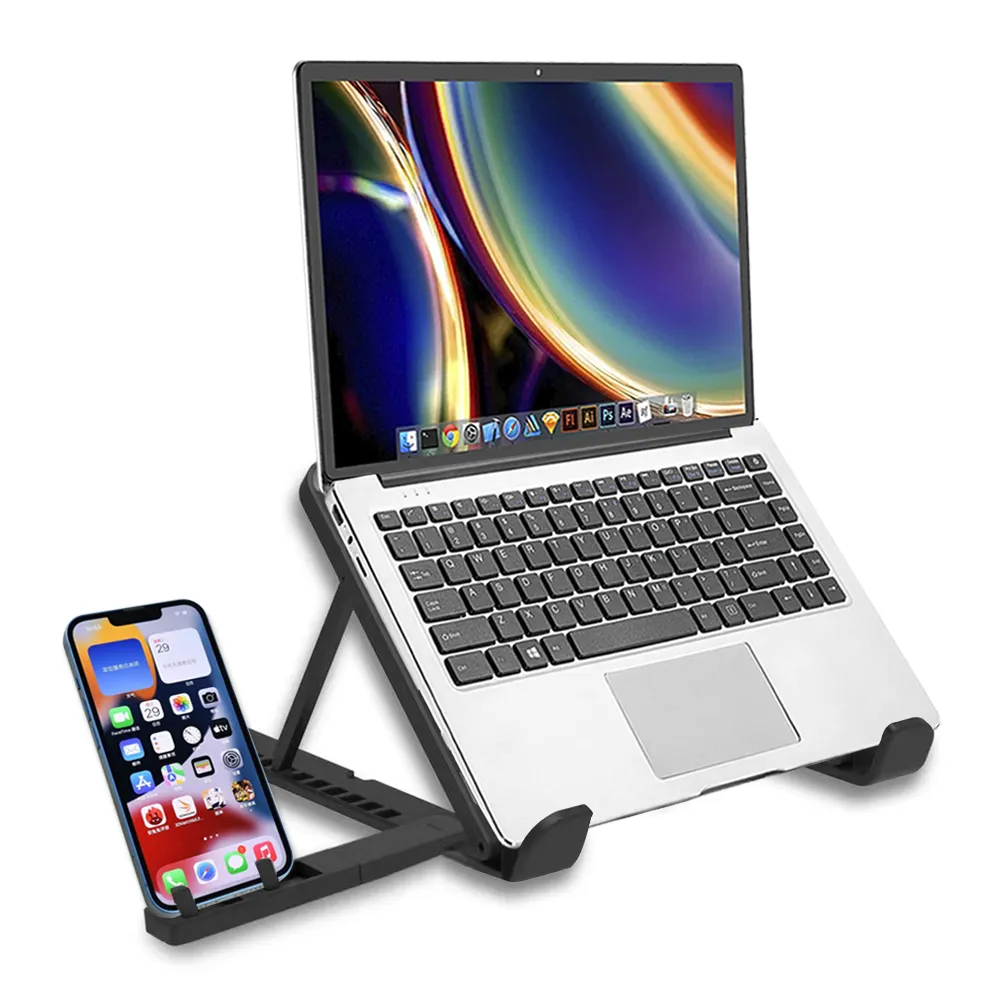 ノートブックMacbook用の電話ホルダー付きの調整可能なラップトップライザースタンド人間工学に基づいたコンピューターデスクスタンド