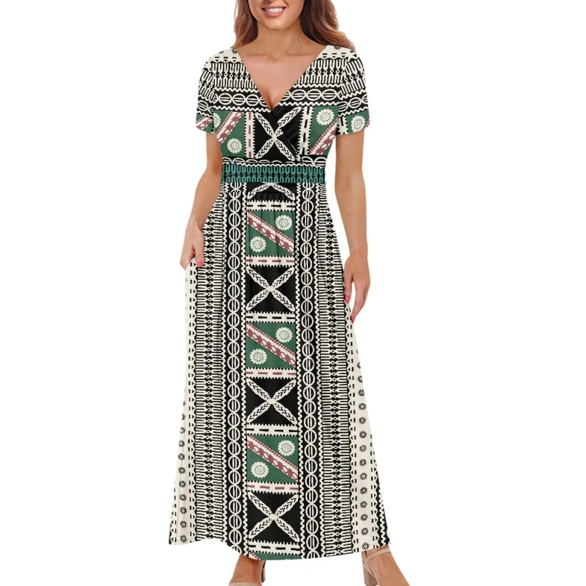 Polynesian 부족 인쇄 원피스 우아한 여성 드레스 V 넥 긴 원피스 인쇄 수요에 주문 연회 파티 의류