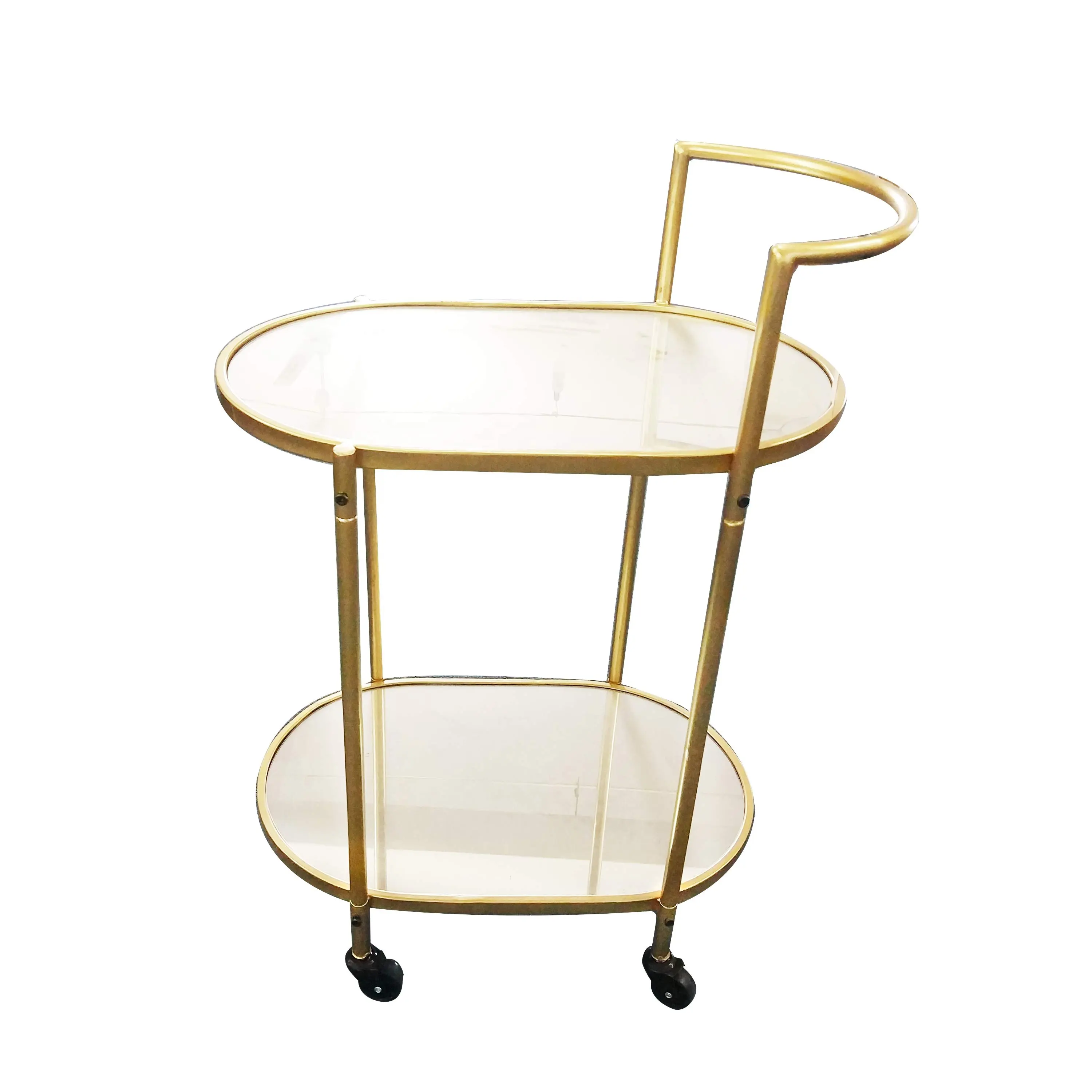 Chariot de luxe élégant en métal doré en miroir pour la cuisine de l'hôtel, chariot de service à thé avec roulettes verrouillables