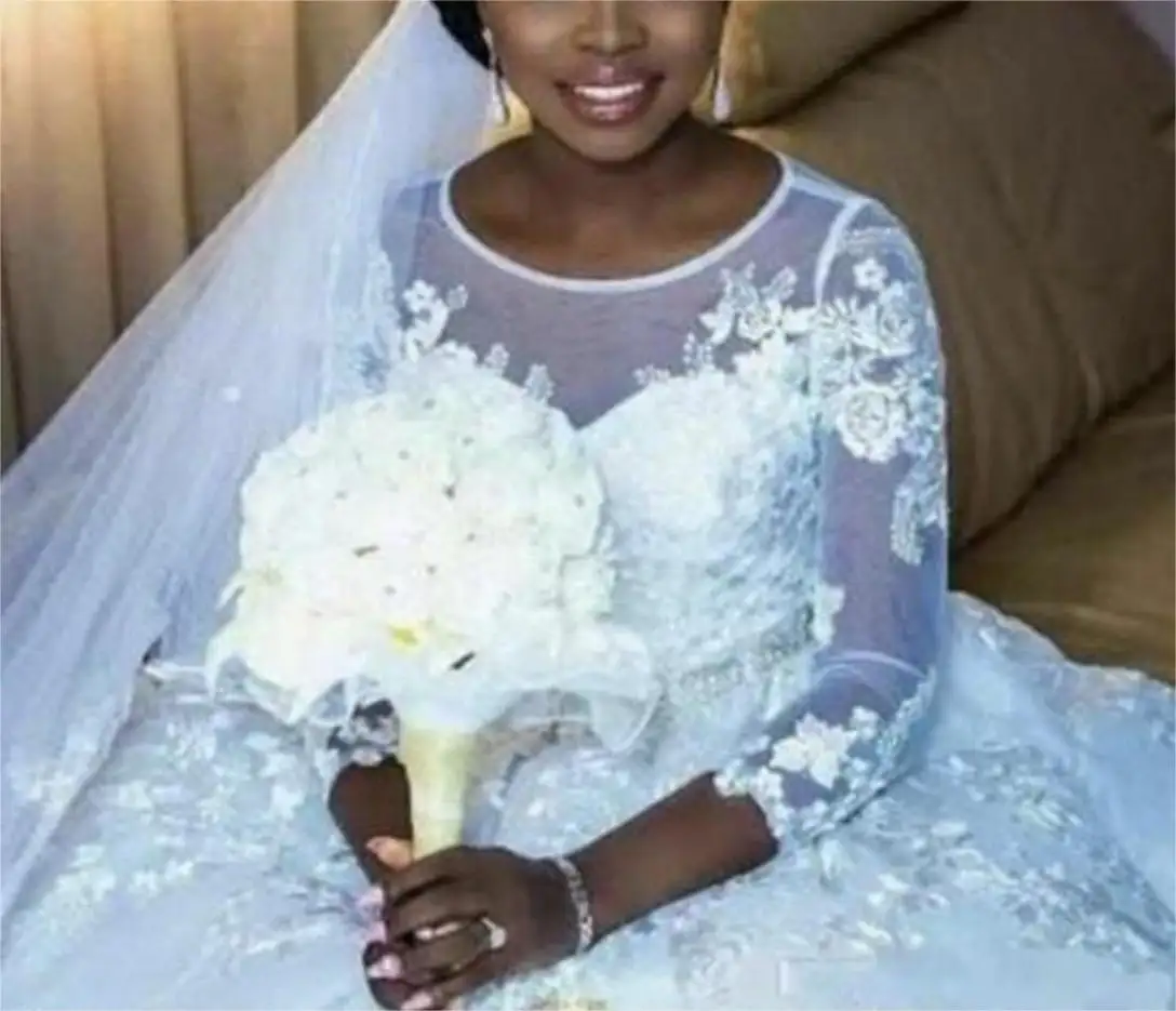Yeni afrika düğün elbisesi gelin kıyafeti için boncuklu dantel kumaş ile prenses balo düğün elbisesi