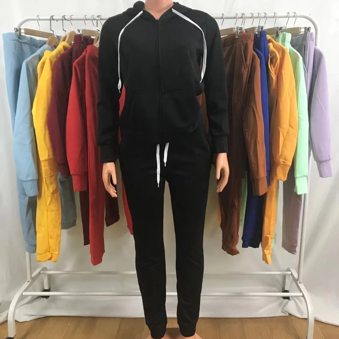 Fall Ladies Suit Fashion Solid Color Slim Long-Sleeved Zipper Hooded Sweatshirt Trousers Joggers Pants 2 Piece Pants Set