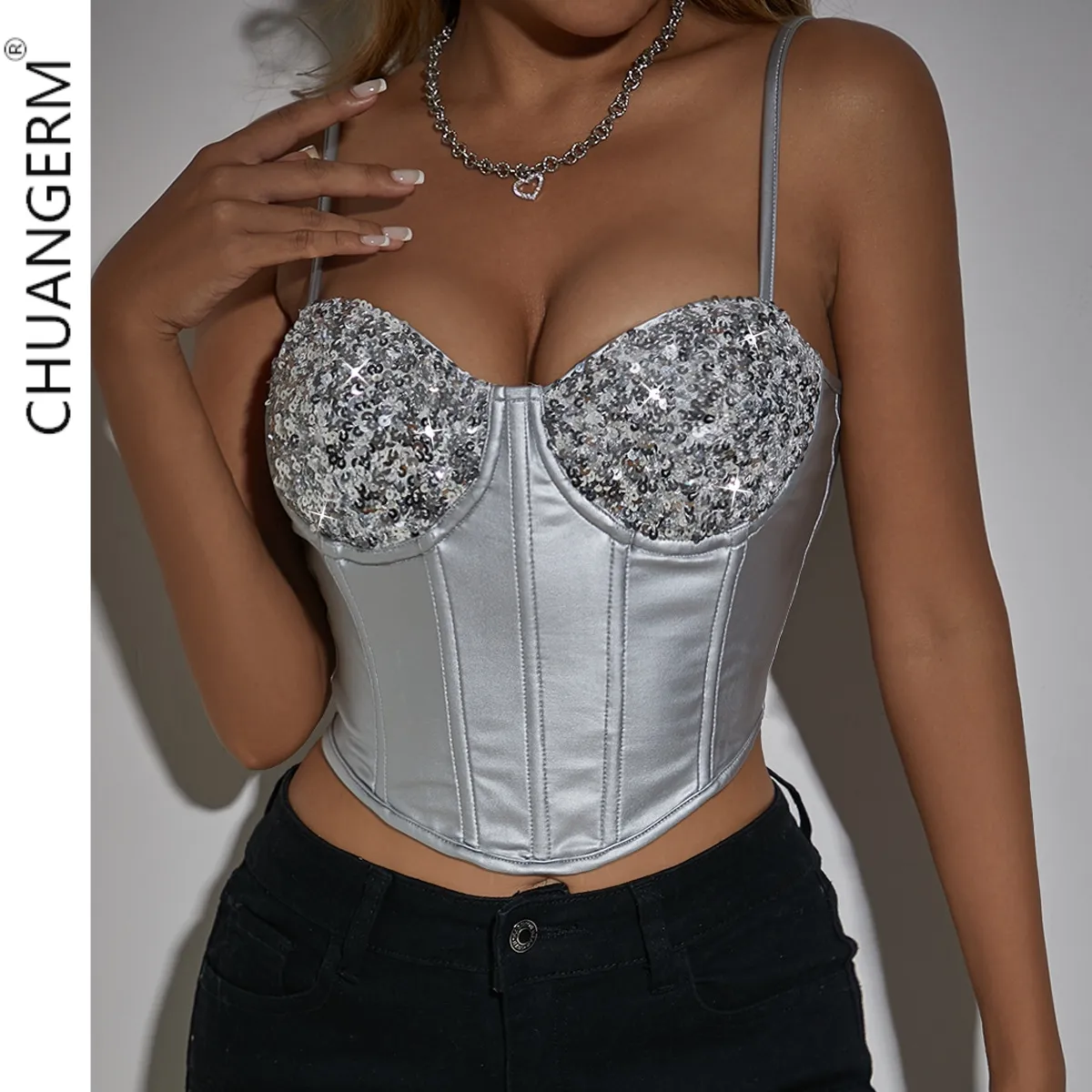 Chuangerm Qualidade Goods Sequin Nightclub Emagrecimento espartilho Fishbone Backless Silver Crop top espartilho para as mulheres