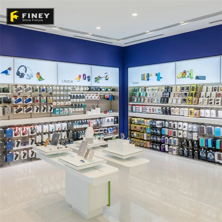Loja de telefone personalizada varejo showcase, balcão de design da loja para decoração de telemóvel