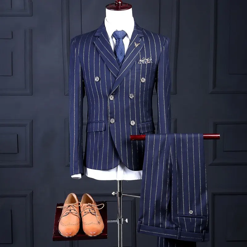 High Quality Ready To Ship 3 Pieces Stripe Navy Blue Men Suits