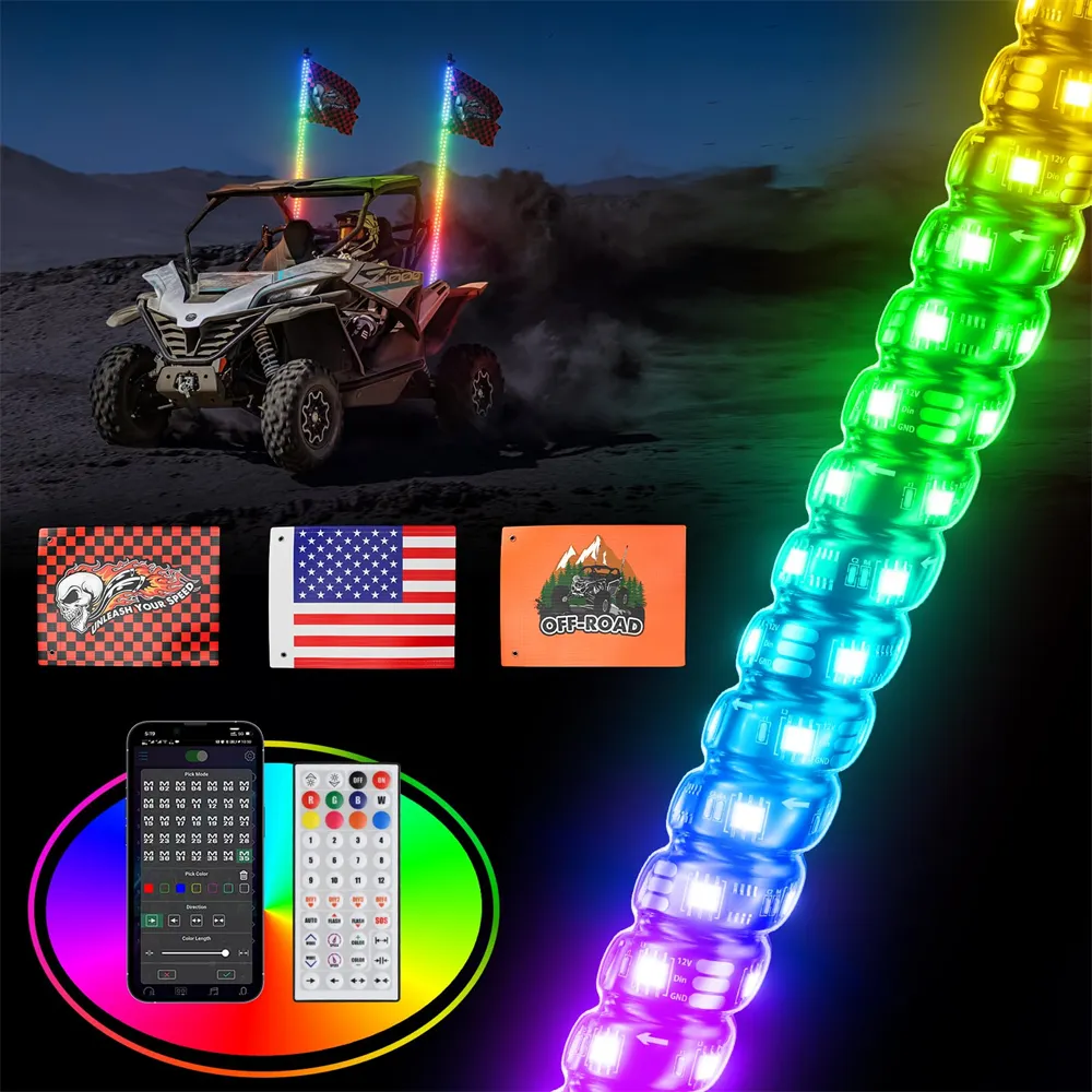 5FT 1PC Golf Cart Whip Light 366 Graphics Vibrant Colors ATV LED Whip Light With Spring Base LED Whip Light