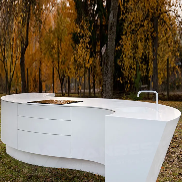 Table et armoire de travail de cuisine incurvées en acrylique blanc au design moderne avec évier comptoir d'îlot de cuisine