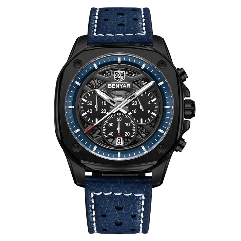 Black case with blue leather strap