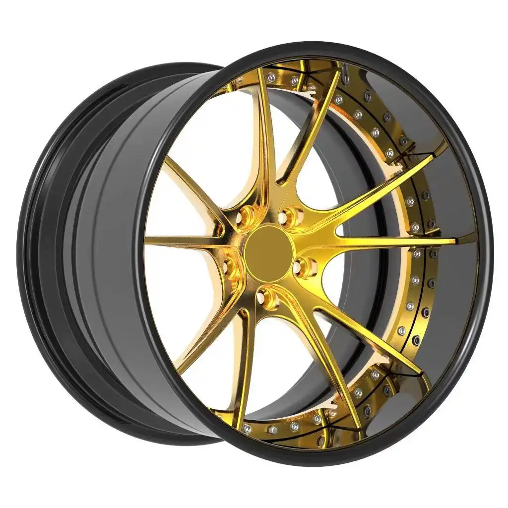 Lucidalabbra inverso nero con disco centrale in oro lucido diviso a cinque razze design concavo 3 pezzi ruota forgiata