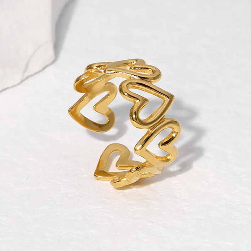 Anillos de dedo calados de corazón hueco de acero inoxidable chapado en oro de 18K para mujer, joyería Simple