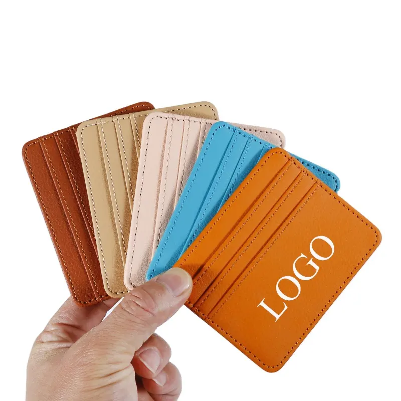 Porta carte di credito sottile in pelle PU colori solidi porta carte di credito in ecopelle portafoglio 4 slot tasca borsa Logo personalizzato disegni