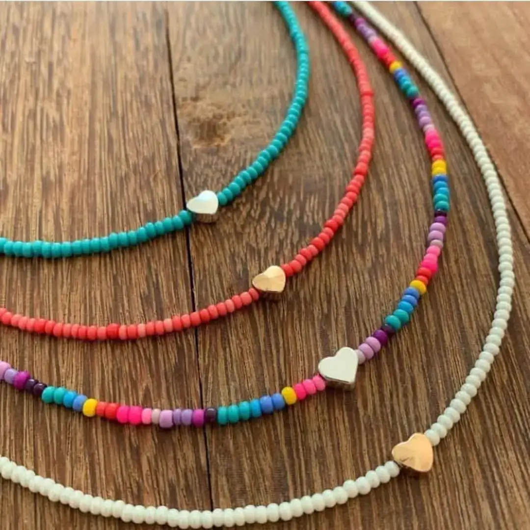 Go2BoHo-gargantilla de corazón de hierro chapado en oro para mujer, joyería de moda, collar de cuentas de semilla de cristal colorido de arco iris