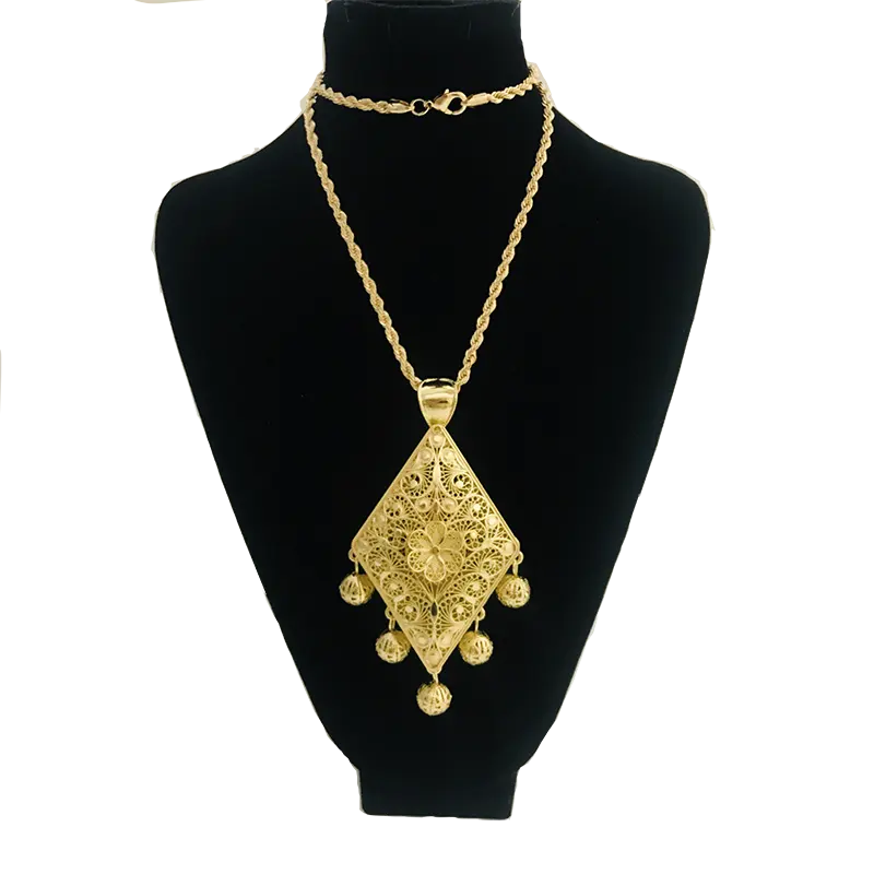 Dubai Albania Gold Color Big Pendant Necklace for Women Moroccan Wedding Jewelry Double Layer Hollow Pattern Hip Hop Chain