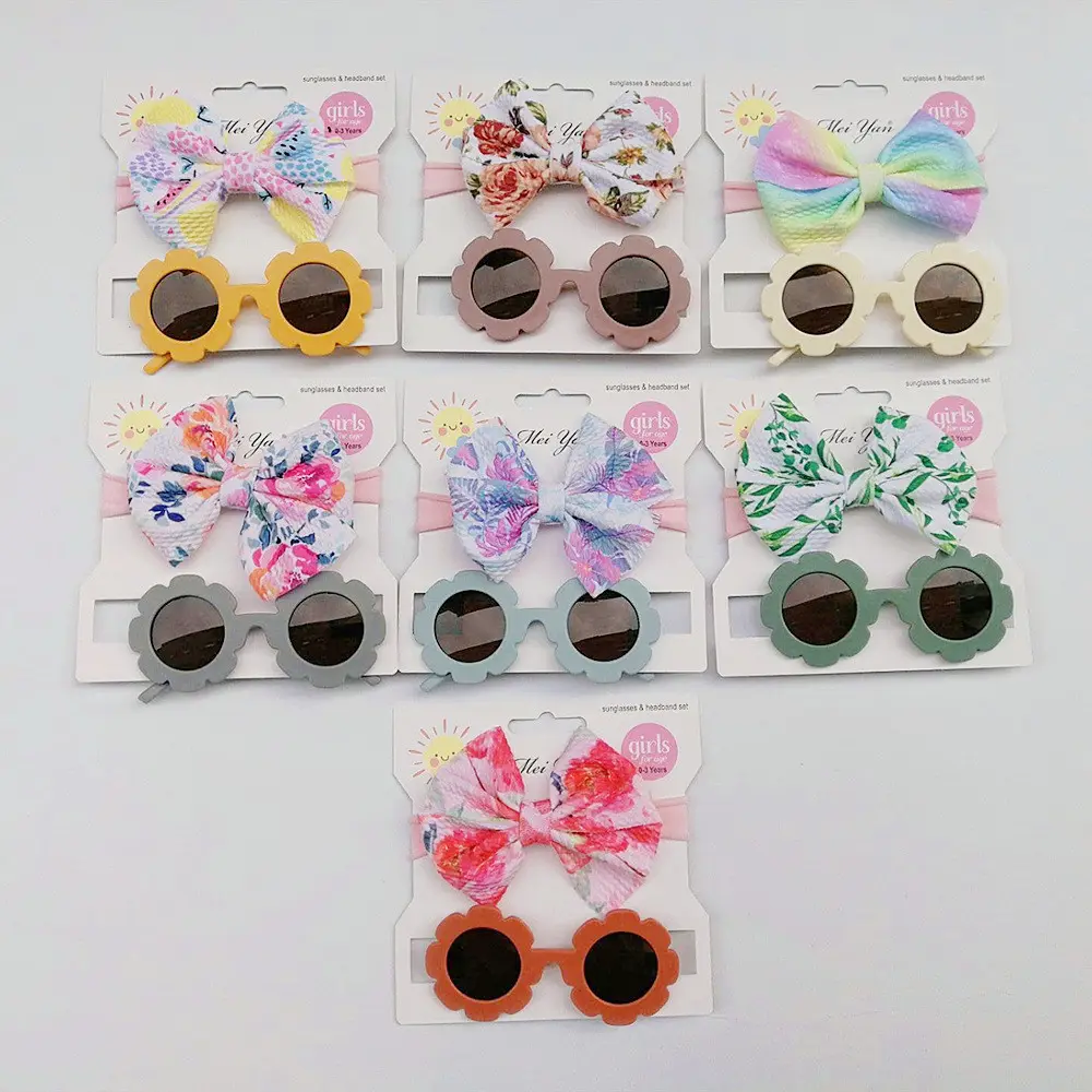 Simpatici occhiali da sole a fiore Cartoon anti-uv 2 pz/set per bambini oggetti di scena per foto regalo per bambine occhiali da sole e fiocco Set di fasce per capelli