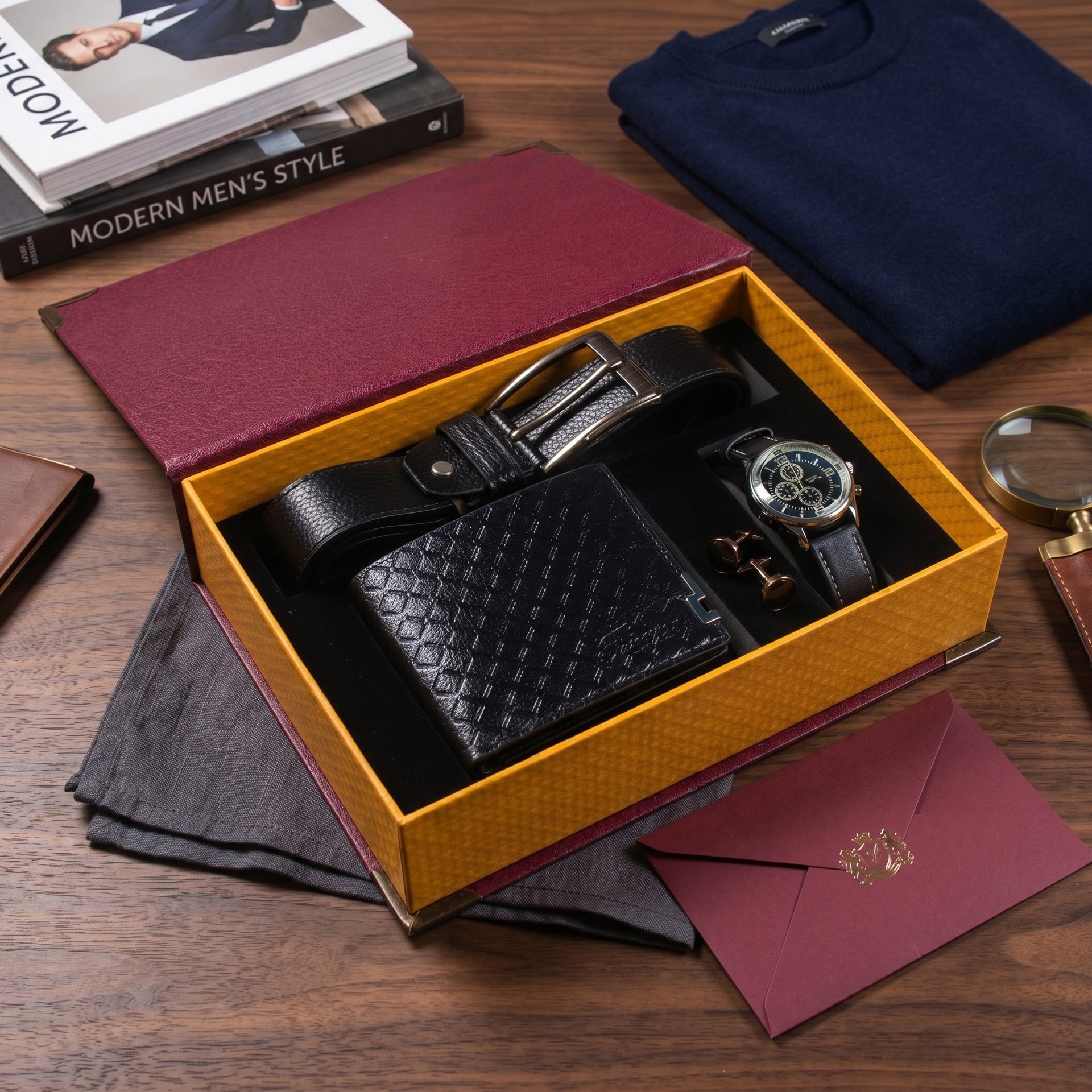 4-piece set (leather belt, wallet, watch, and exquisite gift box)