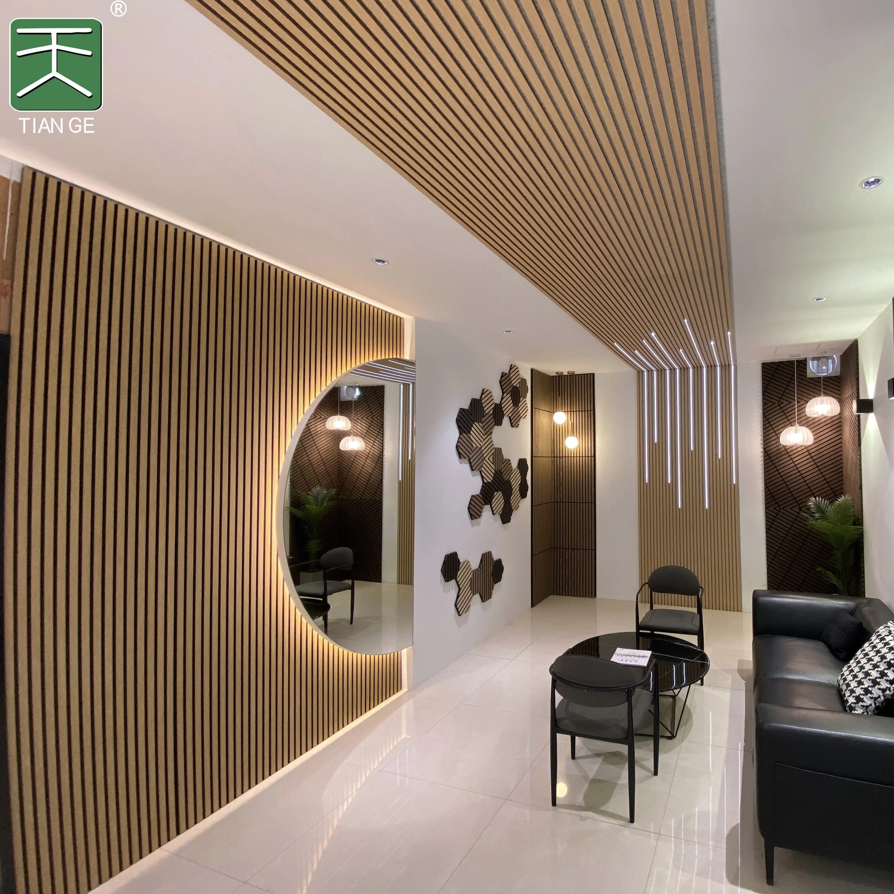 TianGe Eco Friendly Interior Designing Natural Oak Timber 21Mm Akupanel Led Strip Wood Veneer Slats Acoustic Wall Panels