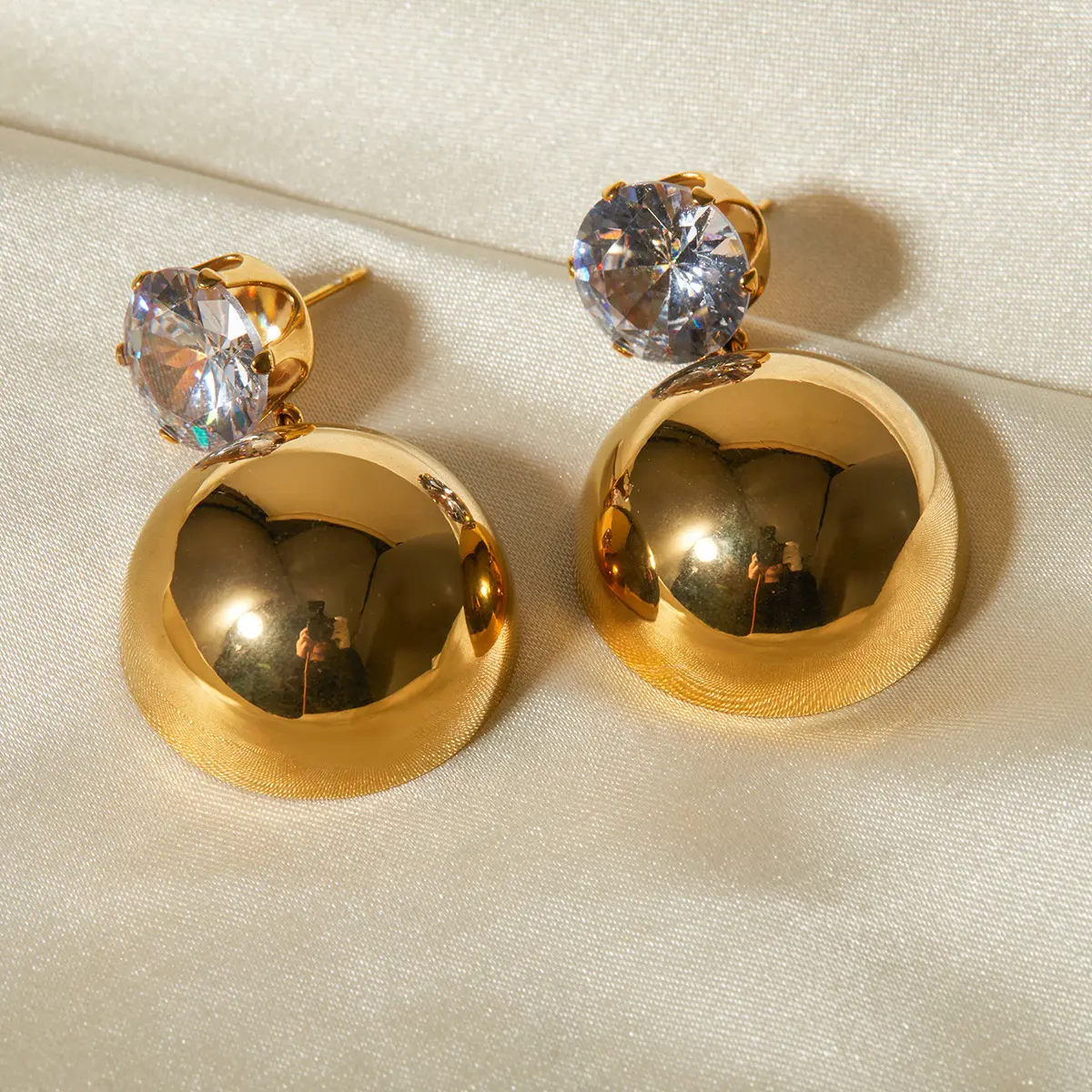 Hypoallergenic Jewelry Detachable Zircon Double Ball Bead Earring Stainless Steel Gold Two Ways To Wear Stud Drop Earrings