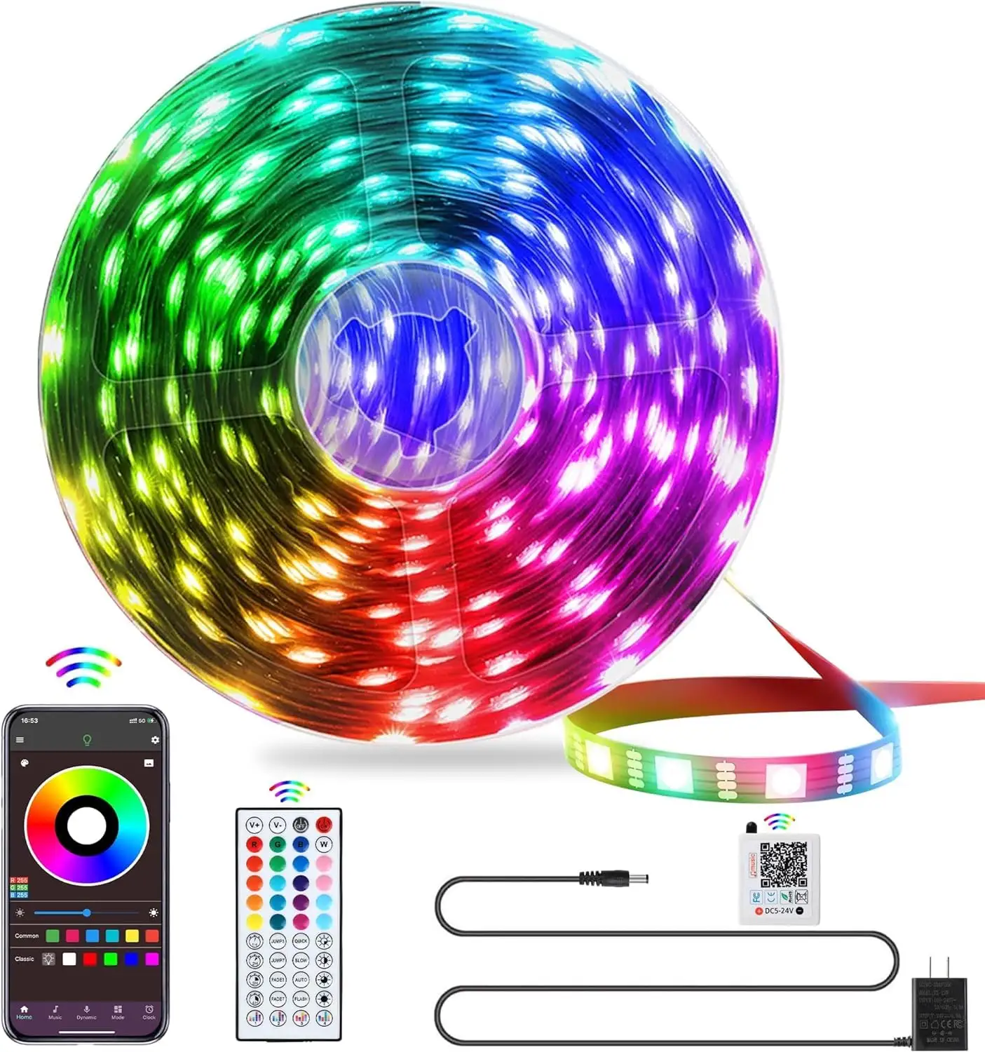 Yatak odası Led ışıkları 50 Feet 2 rulo müzik Sync renk değiştirme RGB Led şerit uzaktan App kontrolü ile Bluetooth Led şerit