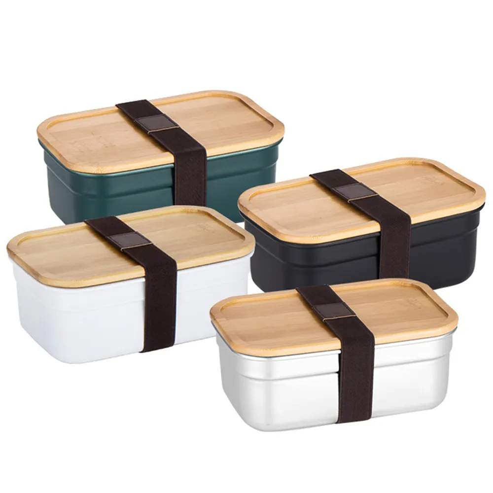 Large Black Meal Prep Lunch Box Container with Bamboo Lid Stainless Steel Bento Box Adults Kids Microwave Safe Sandwich Box
