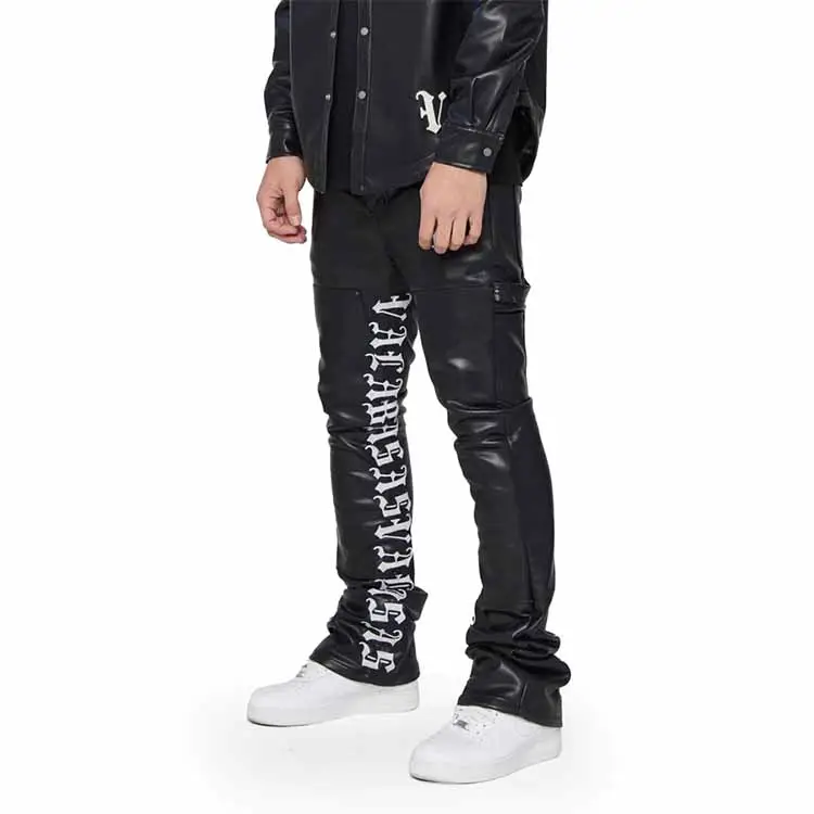 Streetwear black leather pants wholesale designer trendy heavyweight flare stacked jeans men custom letter jeans