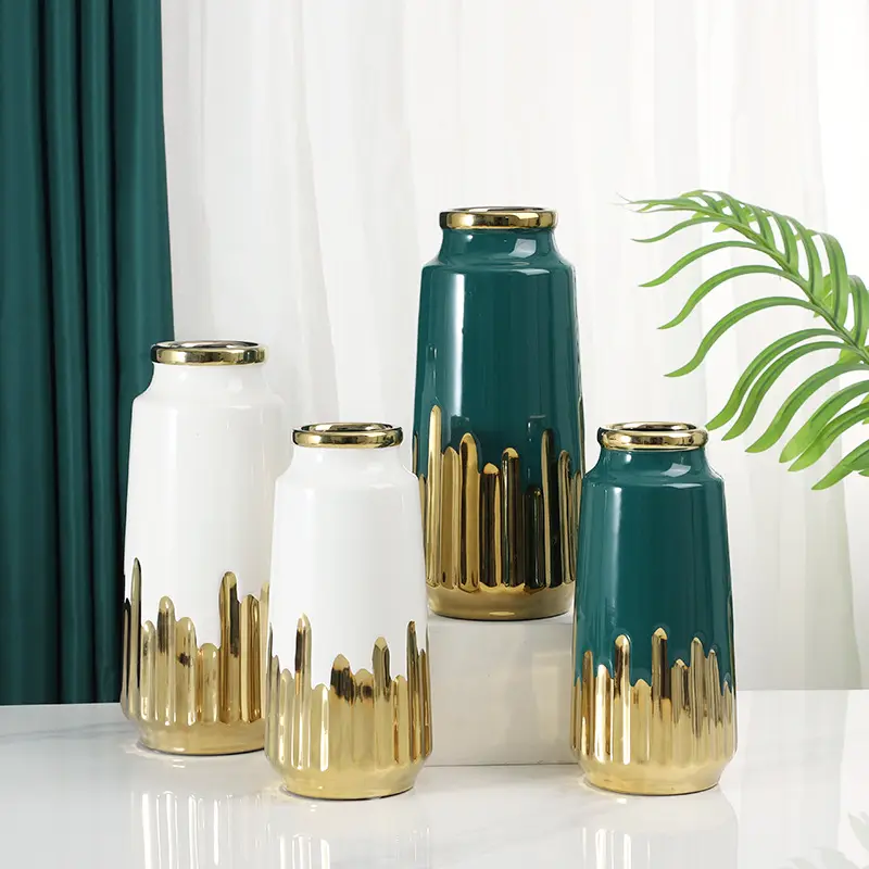 Set da 3 pezzi in ceramica decorazione per vaso di fiori secchi in stile europeo bianco verde con placcatura in oro fabbrica direttamente vaso di fiori per soggiorno