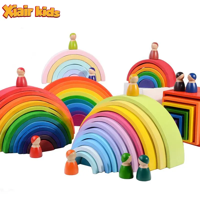 Xiair Nesting Puzzle Blocks Toddlers Rainbow Block Stacker Stacking Tunnel Kids Wooden Educational Montessori Toys Material