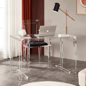 Mesa acrílica minimalista al por mayor, escritorio de oficina de cristal transparente de fácil montaje, escritorio rectangular para dormitorio, escritorio de ordenador para el hogar