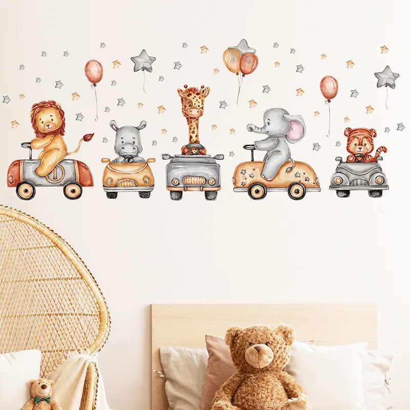 Cartoon Cute Animals Open Car Wall Stickers para Kids Room Quarto Kindergarten Decoração Wall Decalque