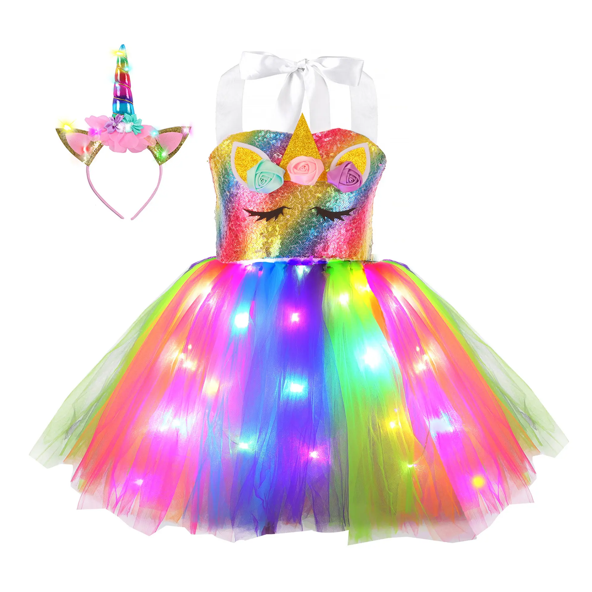 Robe licorne à lumière LED pour fille, prix d'usine, pour fête d'halloween, 2023