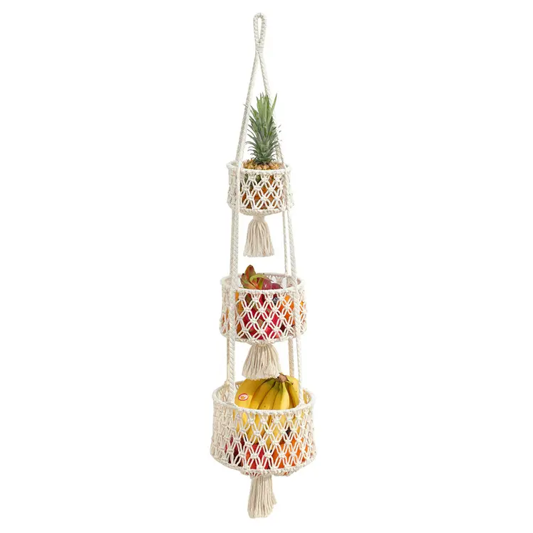 3-уровневый подвесной органайзер для макраме, бохо, декоративная корзина для фруктов из хлопчатобумажной веревки для хранения фруктов в деревенском стиле