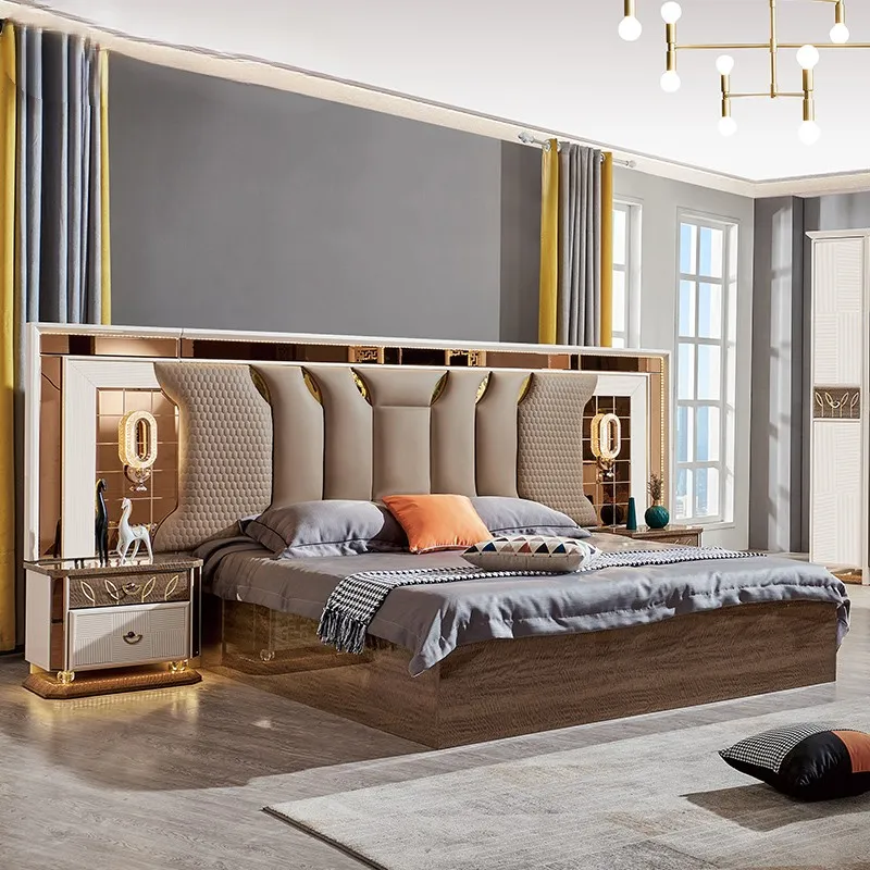Juego de muebles de dormitorio de lujo moderno cama de cuero tapizado doble tamaño king de madera de estilo contemporáneo con almacenamiento