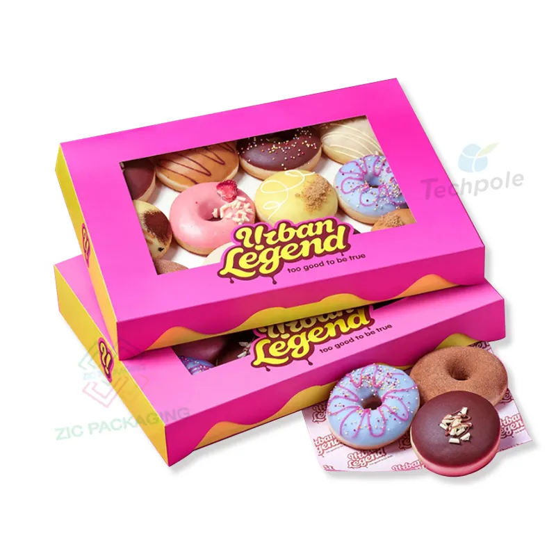 Bright Pink Wholesale Paper Donut Box Custom Bakery Donuts Packing Box Cookie Doughnut Box With Clear Window
