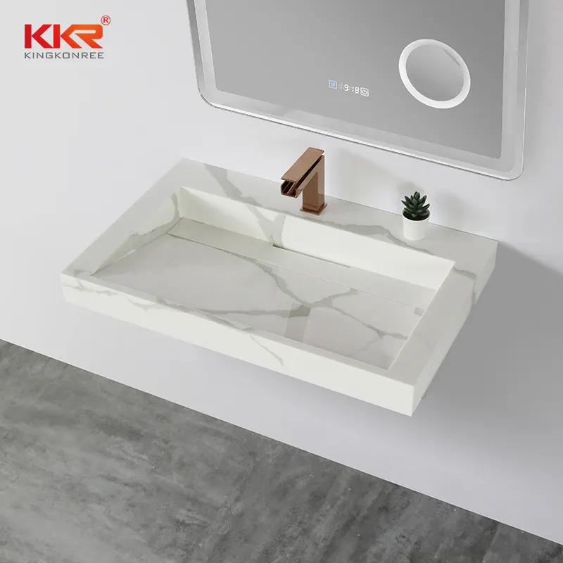 KKR-fregadero colgante de pared para tocador de baño, tocador de piedra Artificial de superficie sólida, hecho en molde