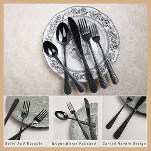 定制Logo环保餐具黑色压花不锈钢餐具金餐具银器勺叉套装 - Product Image 2