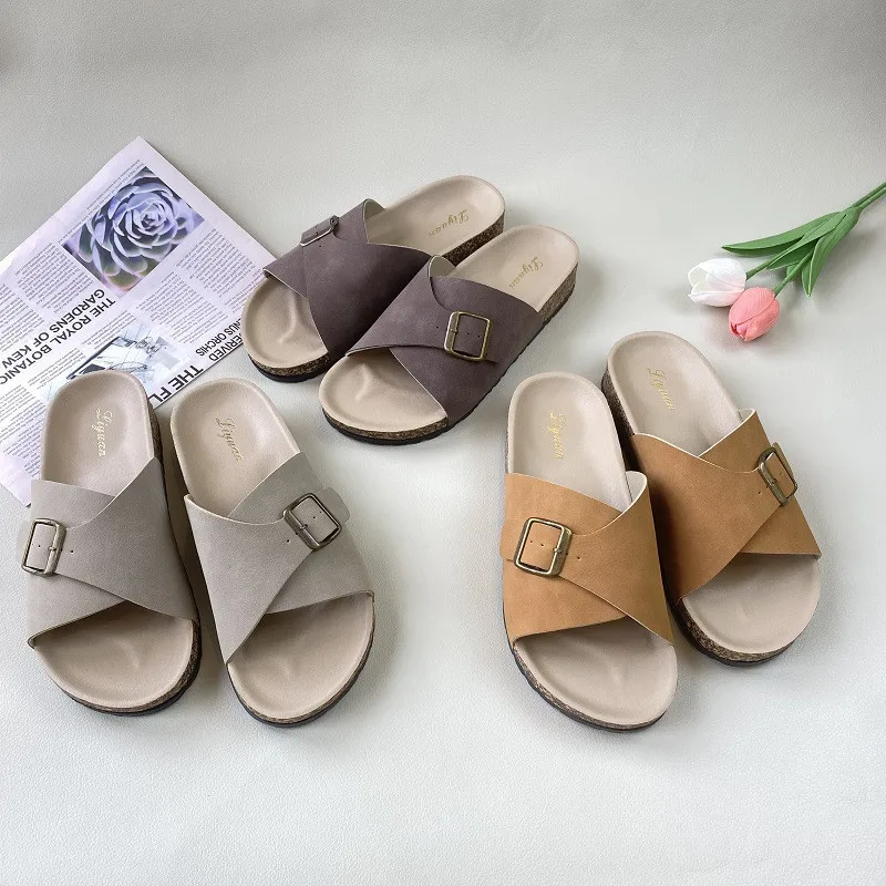 Women Men Summer Beach Slide Sandals Casual Soft Cork Slippers Couples Outside Shoes