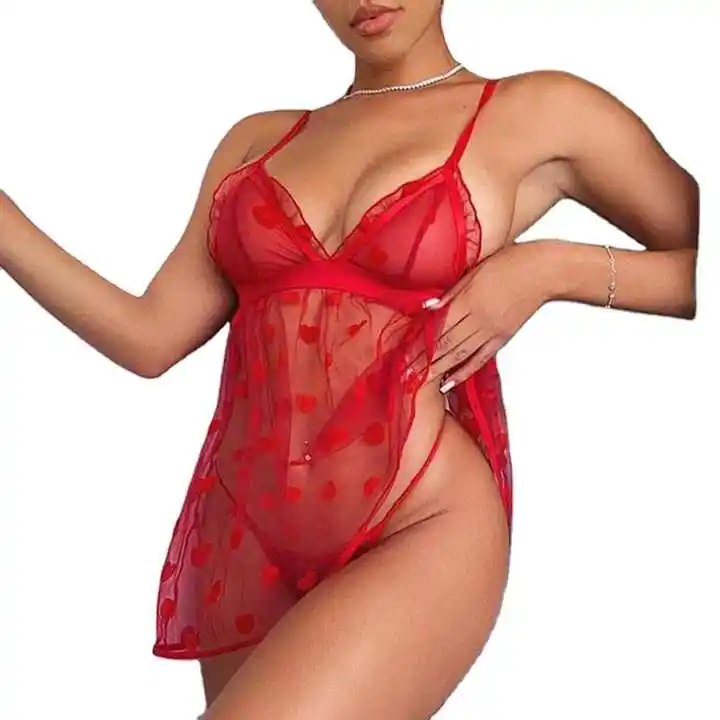 Precio barato transparente Sexy Vestidos de Noche de encaje para mujer erótico corazón bordado mujer ropa de dormir ropa Lencería Sexy